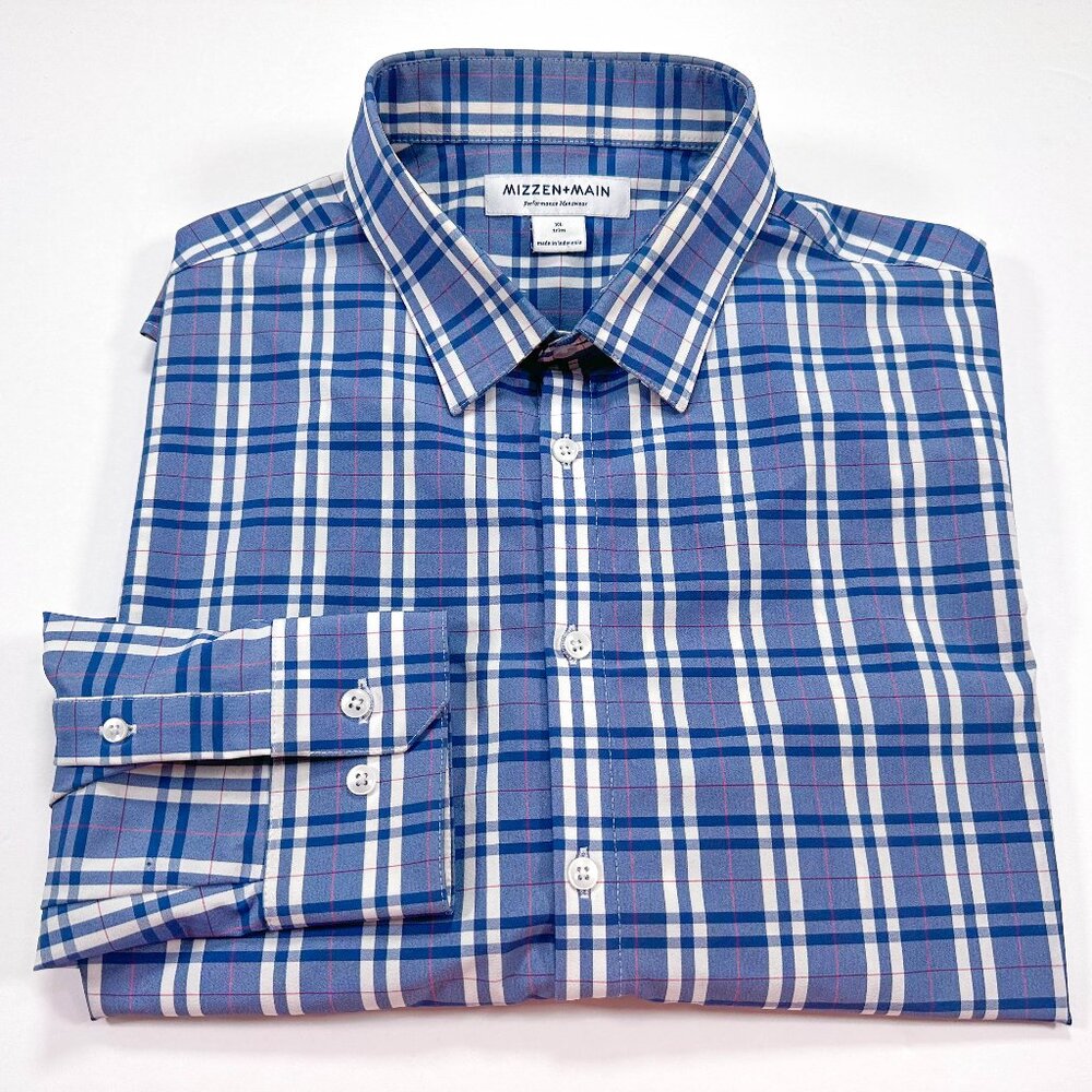 Mizzen + Main XL Trim Fit Men's Long Sleeve Check Blue White Red Button Front